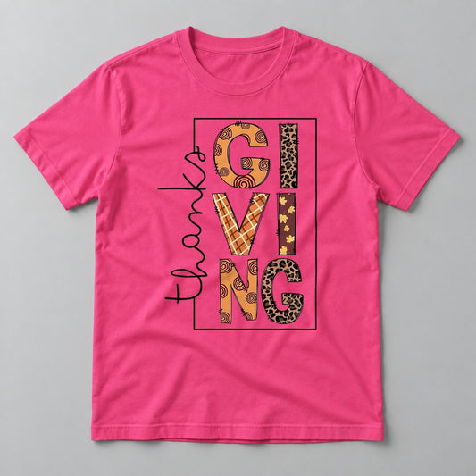 Thanksgiving Patchwork Letters tee in Hot Pink
