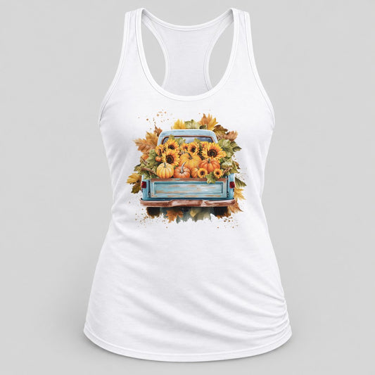 Vintage Harvest Truck racerback tank in White