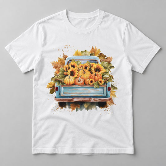 Vintage Harvest Truck pressed on a White tee