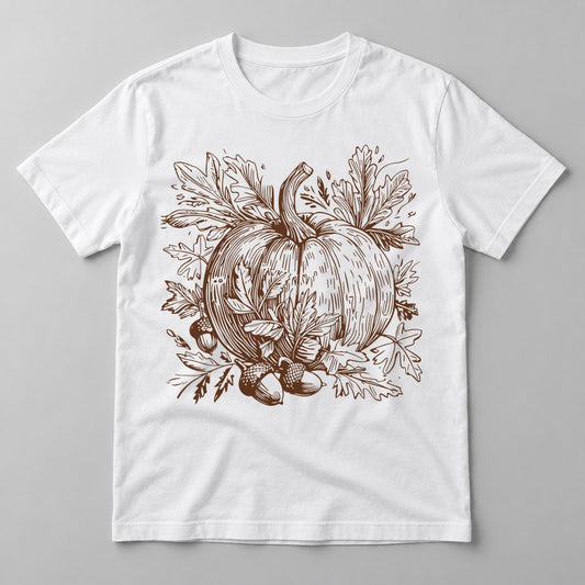 Vintage Sketch Pumpkin pressed on a White tee