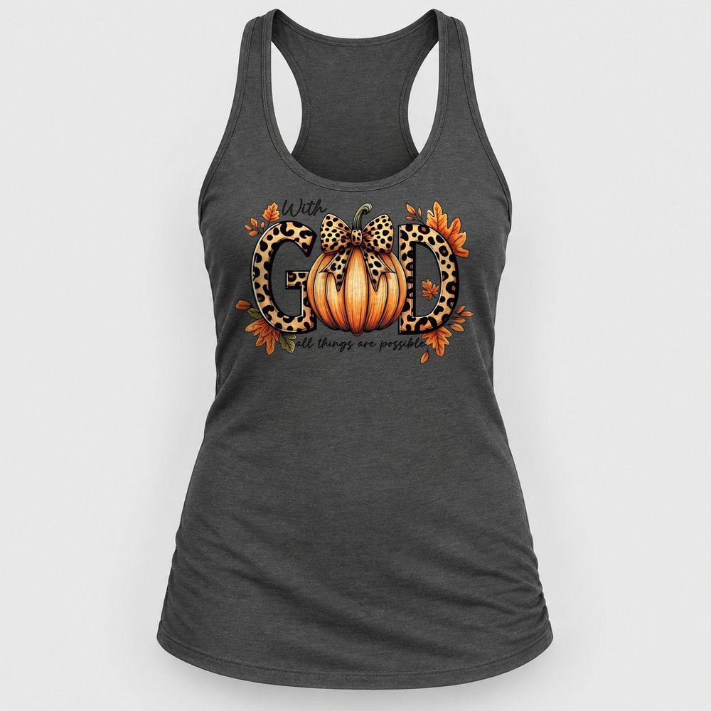 With God Leopard Bow Pumpkin Racerback Tank
