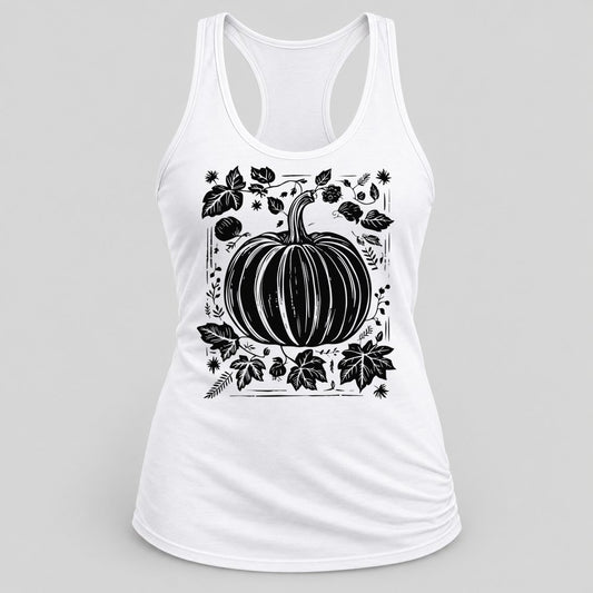 Woodcut Pumpkin Black racerback tank in White