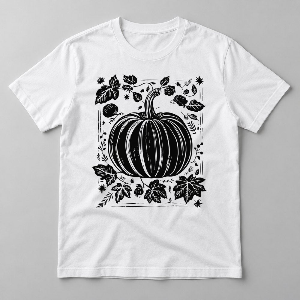Woodcut Pumpkin Black pressed on a White tee