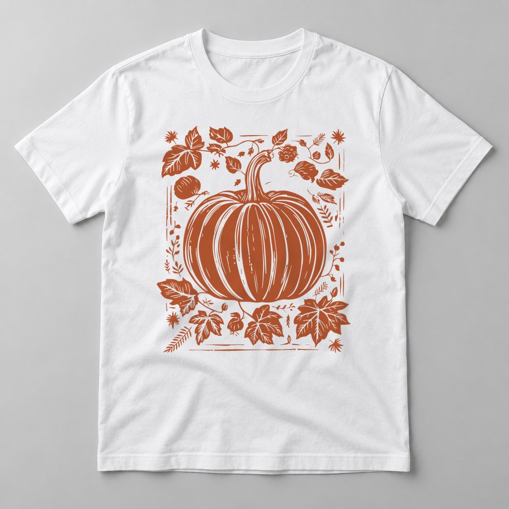 Woodcut Pumpkin Rust pressed on a White tee