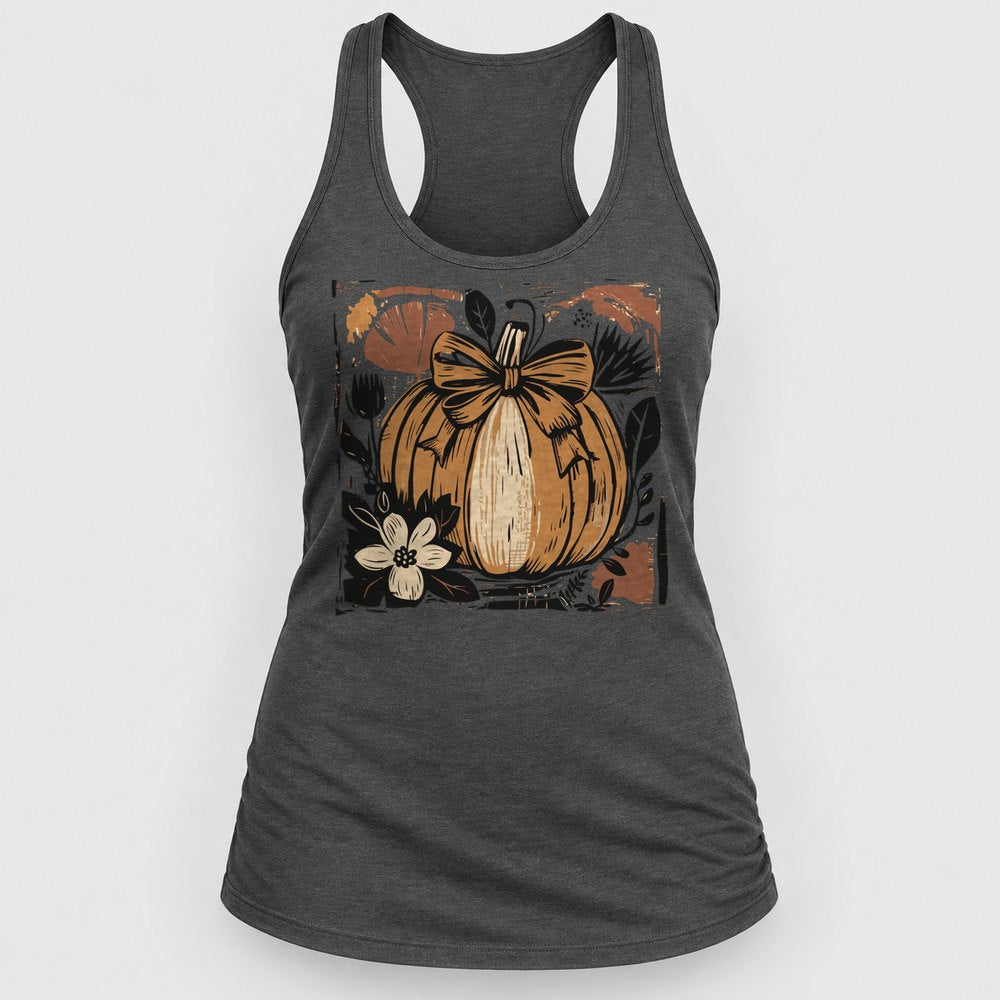 Woodcut Pumpkin with Bow Racerback Tank