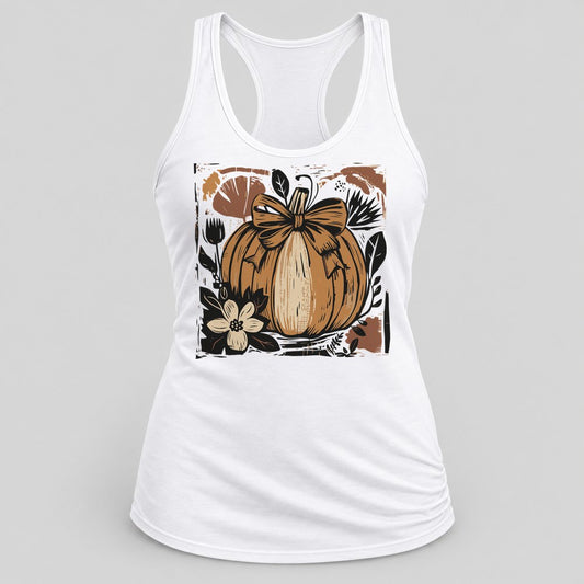 Woodcut Pumpkin with Bow racerback tank in White