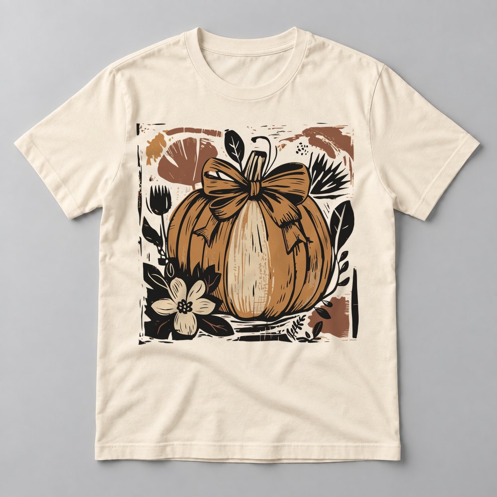 Woodcut Pumpkin with Bow tee in Natural