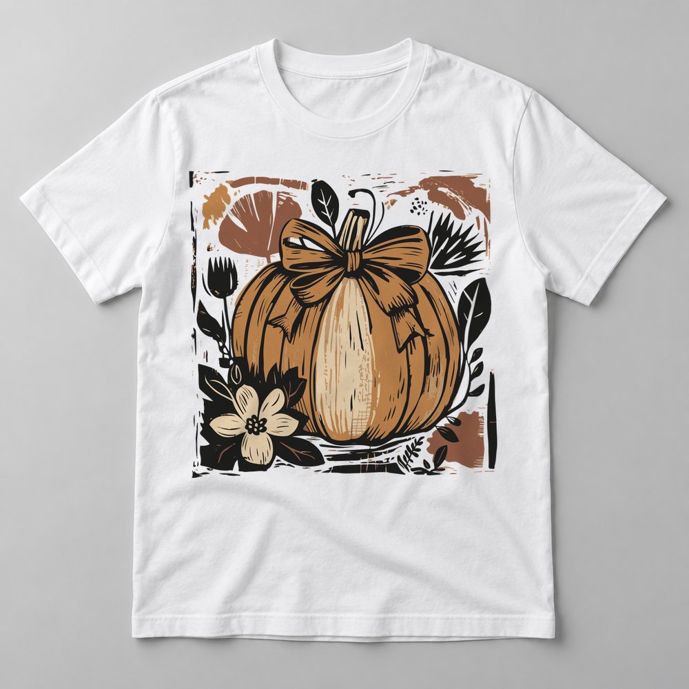 Woodcut Pumpkin with Bow pressed on a White tee