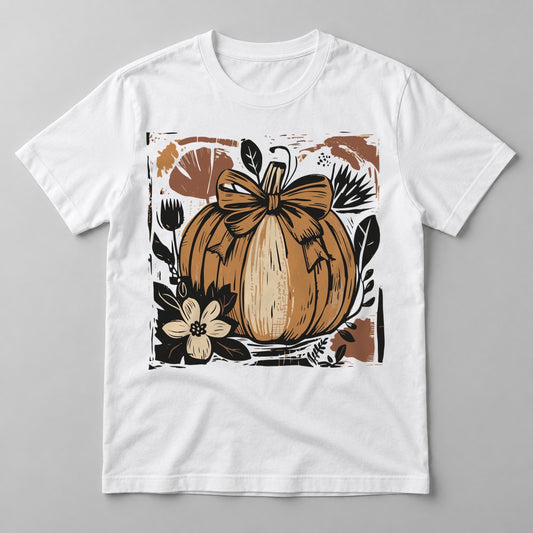 Woodcut Pumpkin with Bow pressed on a White tee
