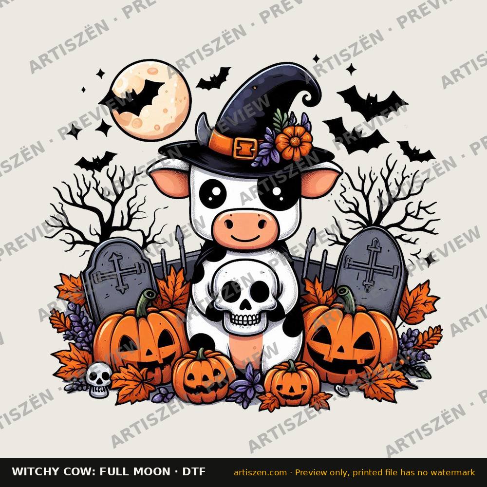Witchy Cow: Full Moon DTF transfer preview