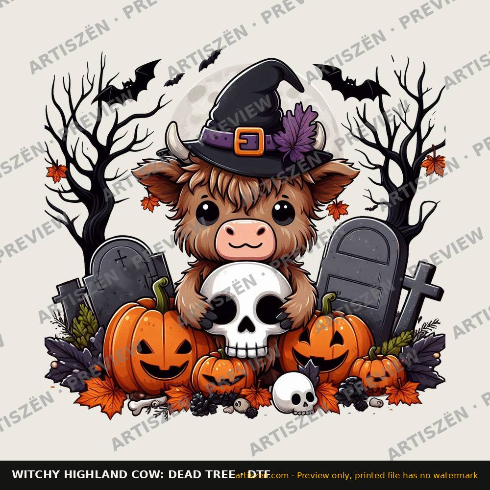 Witchy Highland Cow: Dead Trees DTF transfer preview