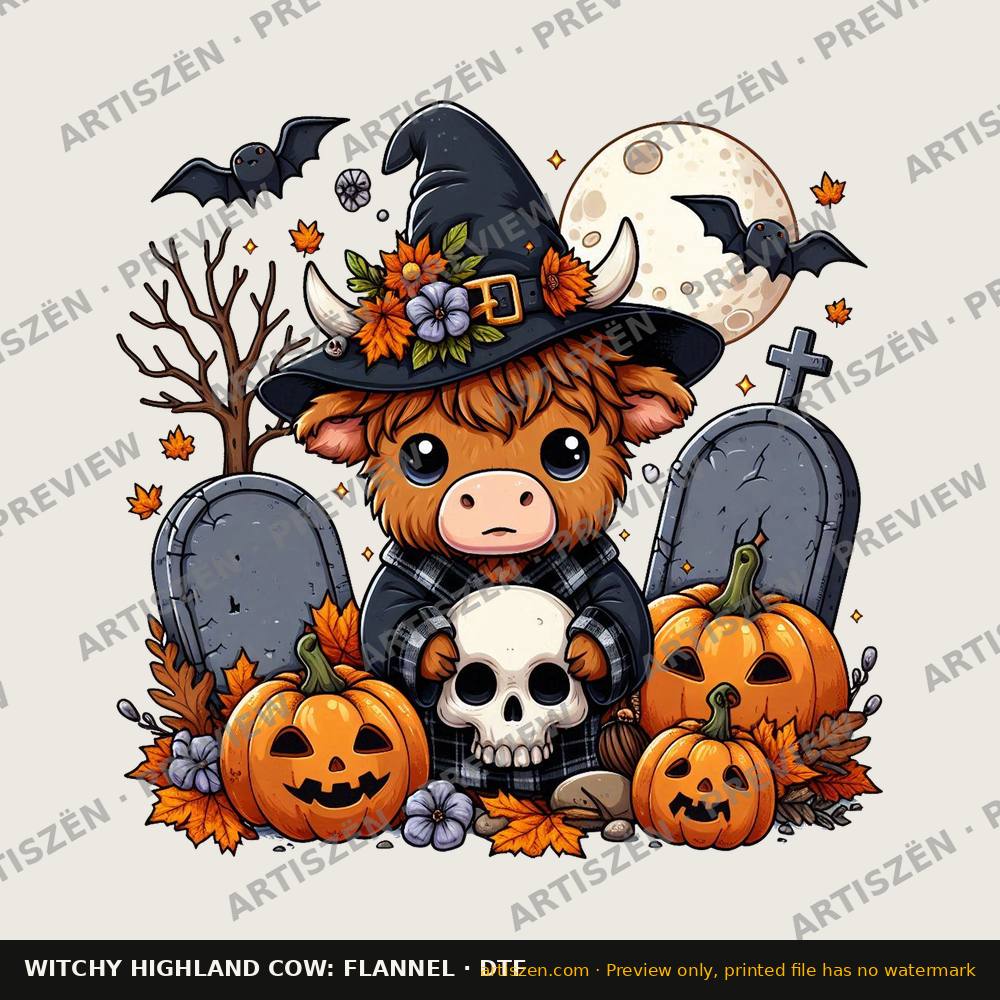 Witchy Highland Cow: Flannel DTF transfer preview
