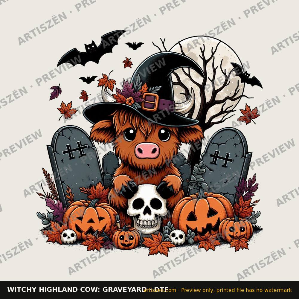 Witchy Highland Cow: Graveyard DTF transfer preview