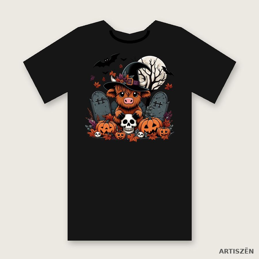 Witchy Highland Cow: Graveyard tee in Black