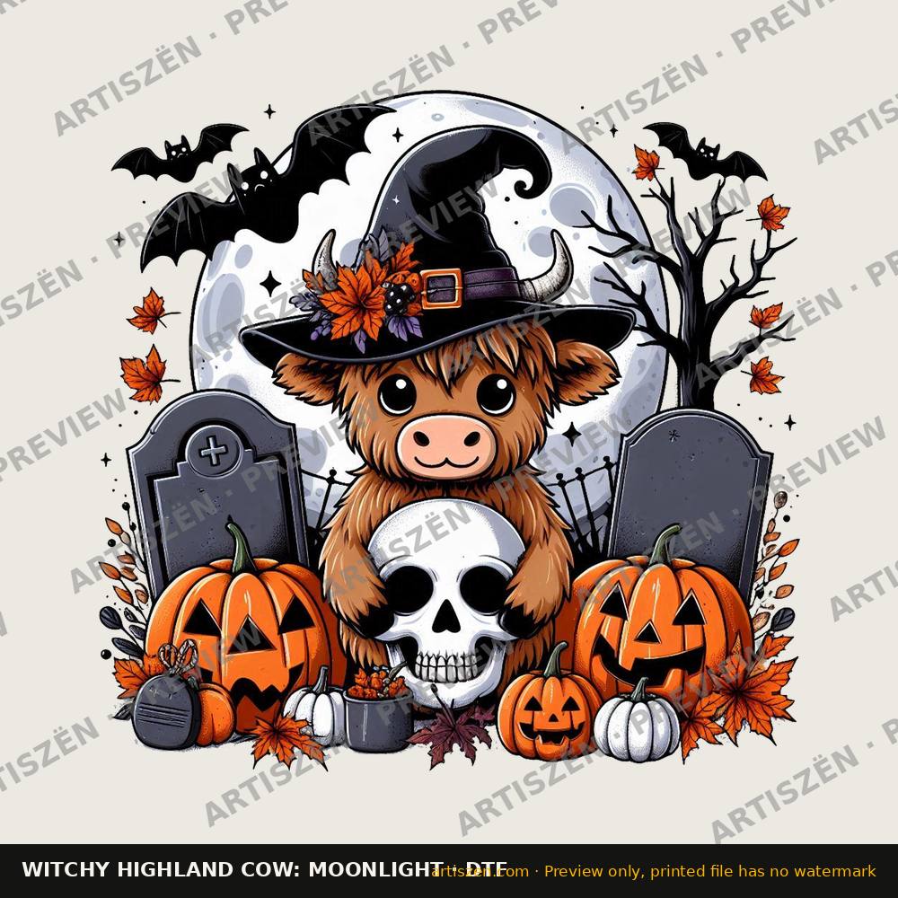 Witchy Highland Cow: Moonlight DTF transfer preview