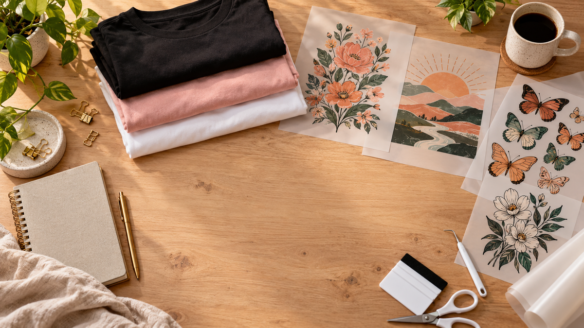 Custom t-shirts, DTF transfers and design sketches on a wooden worktable