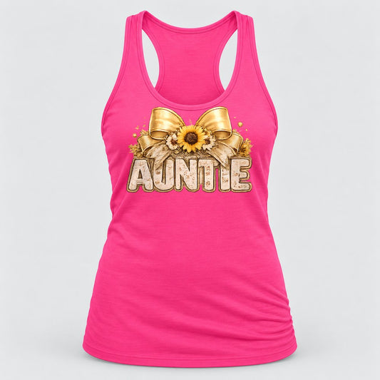 Auntie Sunflower Bow racerback tank in Hot Pink