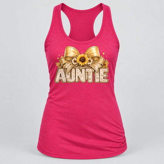 Auntie Sunflower Bow racerback tank in Raspberry