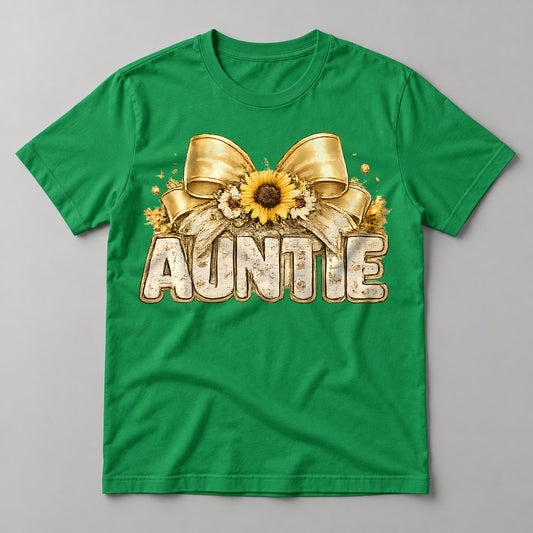 Auntie Sunflower Bow tee in Kelly Green