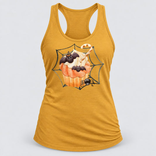 Bat Cupcake Web racerback tank in Antique Gold