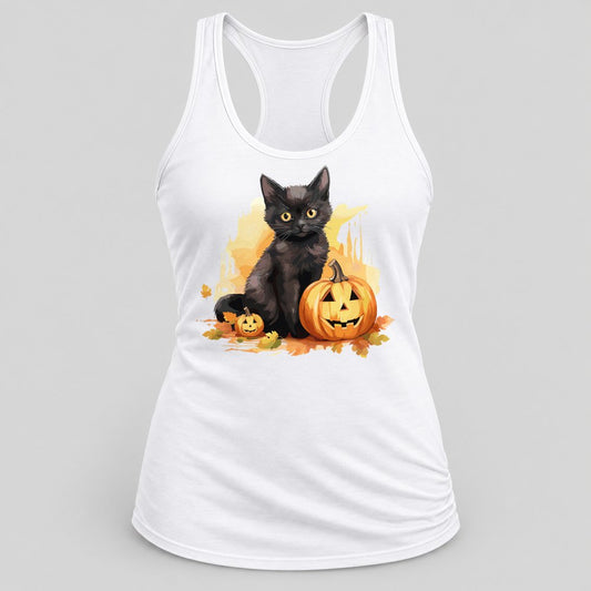 Black Cat Jack-o-Lantern racerback tank in White