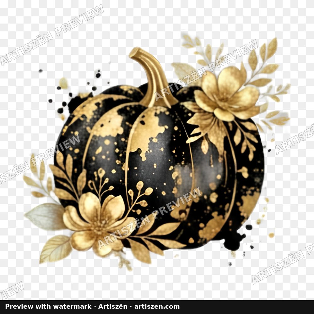 Black & Gold Floral Pumpkin PNG preview