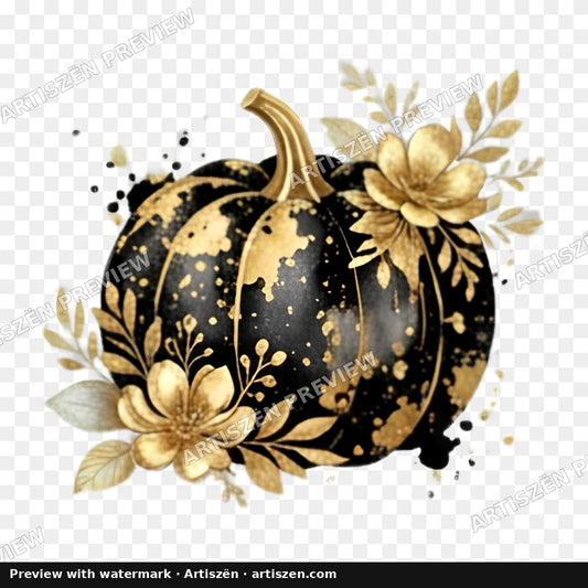 Black & Gold Floral Pumpkin PNG preview