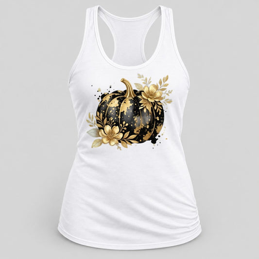 Black & Gold Floral Pumpkin racerback tank in White