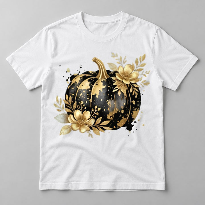 Black & Gold Floral Pumpkin tee in White