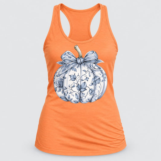 Blue Toile Pumpkin racerback tank in Light Orange