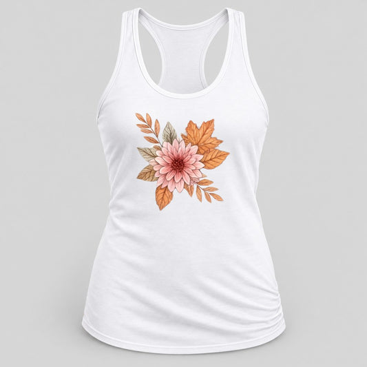 Blush Dahlia & Leaves racerback tank in White