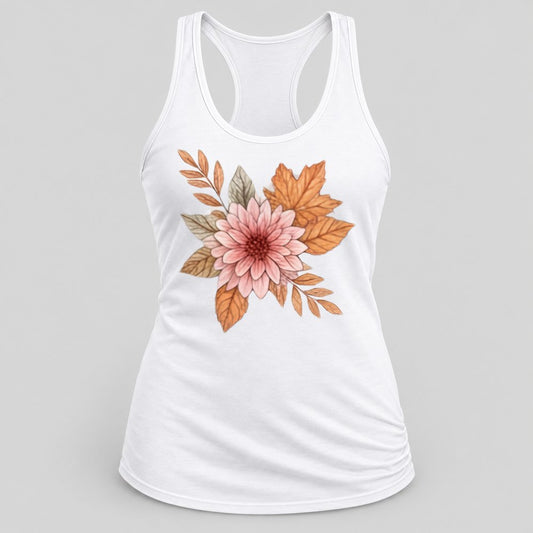 Blush Dahlia & Leaves racerback tank in White