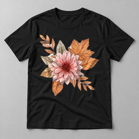 Blush Dahlia & Leaves tee in Black
