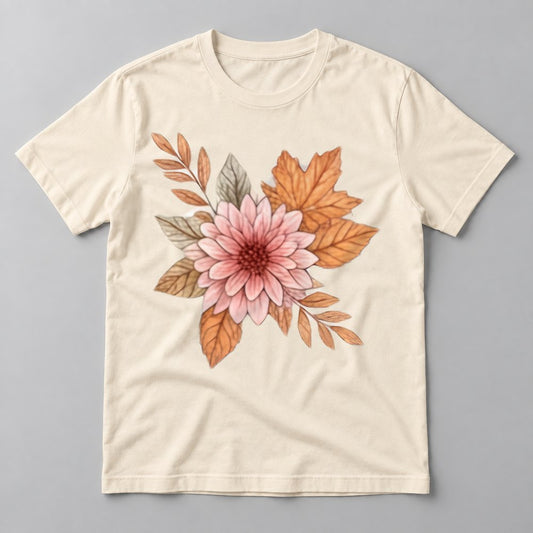 Blush Dahlia & Leaves tee in Natural