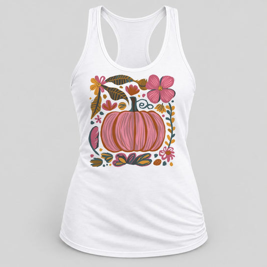 Boho Pink Pumpkin racerback tank in White
