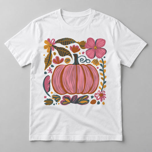 Boho Pink Pumpkin pressed on a White tee