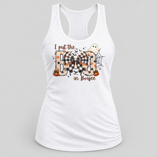 Boo in Bowjee racerback tank in White