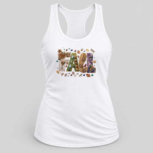 Botanical Jewel Fall Letters racerback tank in White