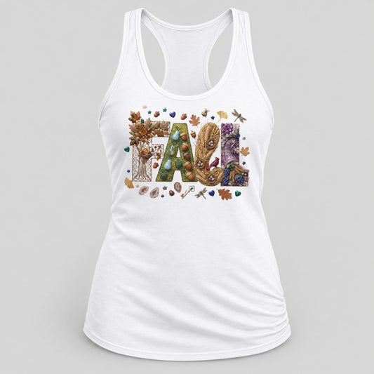 Botanical Jewel Fall Letters racerback tank in White