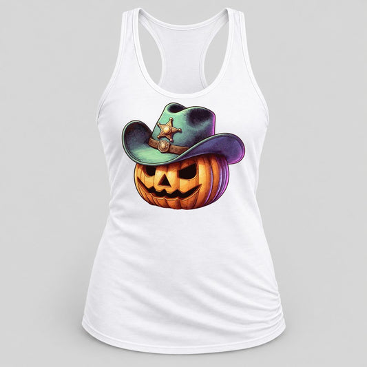 Cowboy Jack-o-Lantern racerback tank in White