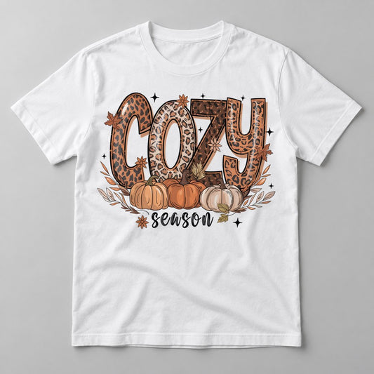 Cozy Season Leopard pressed on a White tee