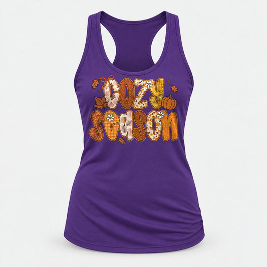 Cozy Season Orange racerback tank in Purple Rush