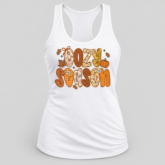 Cozy Season Orange racerback tank in White