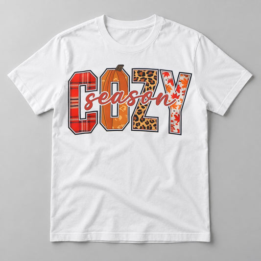 Cozy Season Plaid & Leopard pressed on a White tee