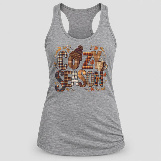 Cozy Season Plaid racerback tank in Heather Grey