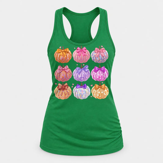 Disco Pumpkins Collage racerback tank in Kelly Green