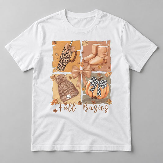 Fall Basics Patchwork pressed on a White tee
