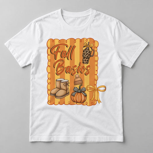 Fall Basics Stripes pressed on a White tee