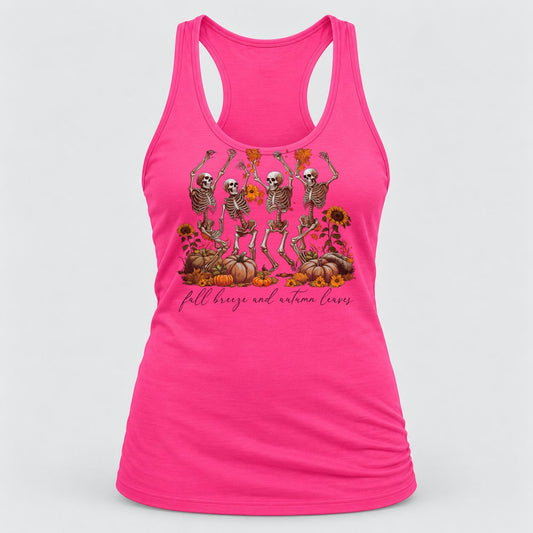 Fall Breeze Dancing Skeletons racerback tank in Hot Pink