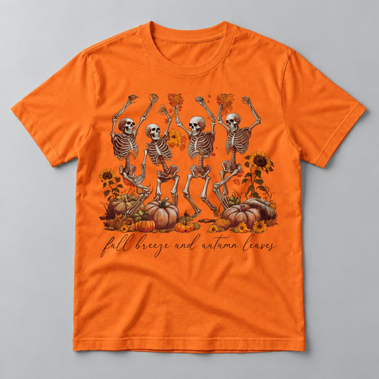 Fall Breeze Dancing Skeletons tee in Orange